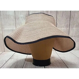 Kendall & James Women's Open Top Straw Sun Hat Visor With Bow Black Trim New